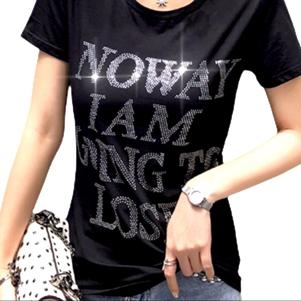 Black Diamond Studded Graphic “No Way Am I Going to Lose” Statement Tee NEW